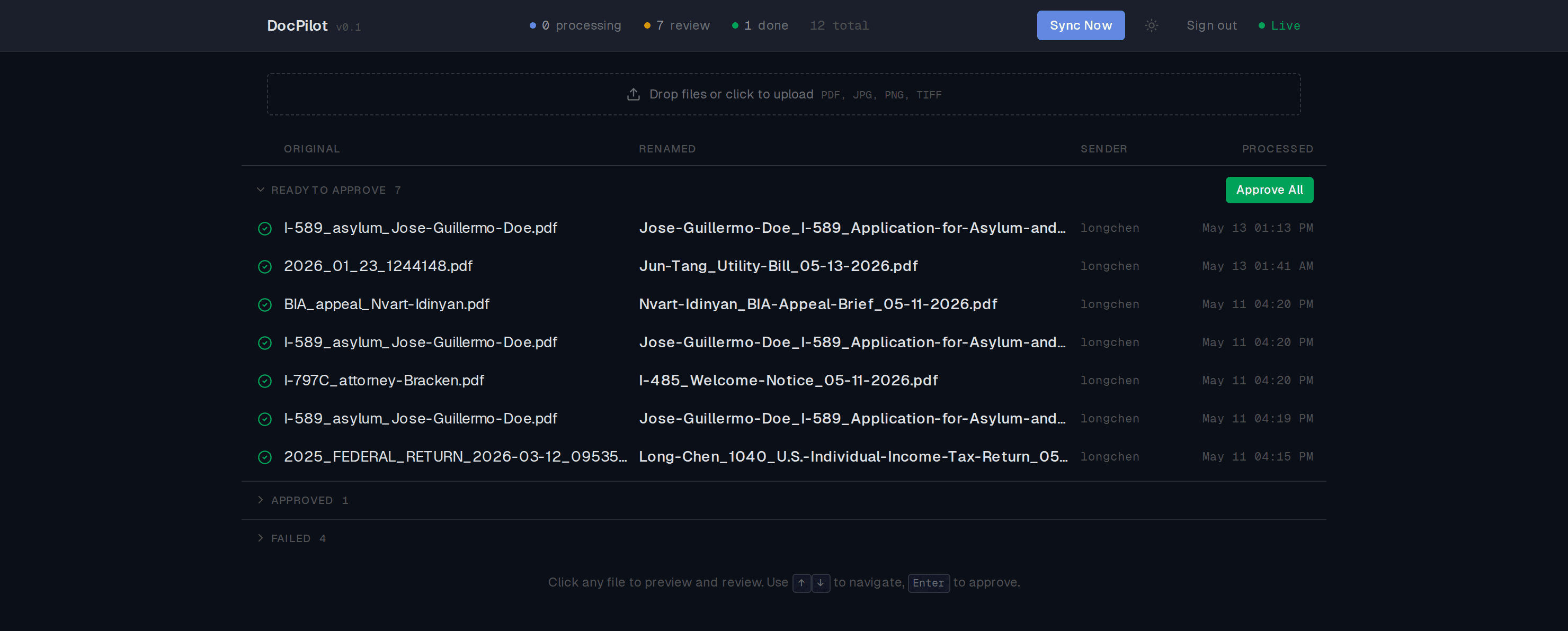 The DocPilot dashboard: incoming documents renamed from messy originals to clean, standardized file names, grouped into Ready to Approve, Approved, and Failed.