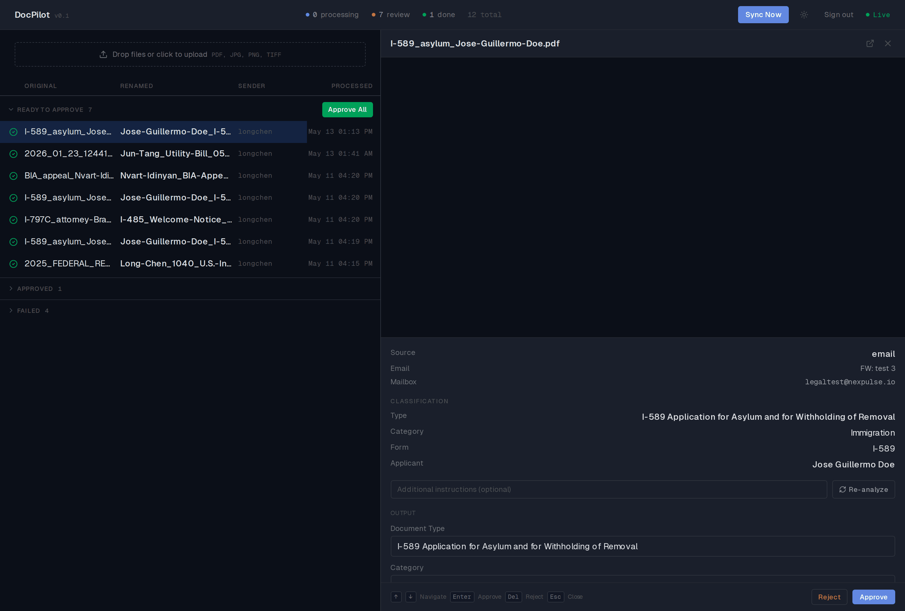 The DocPilot review panel: a document open beside its AI classification, showing document type, category, form number, and applicant, with approve and reject controls.