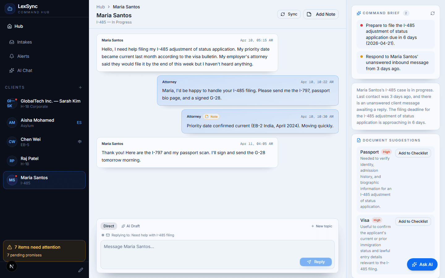 Unified client view — email thread, promises, and AI summary in one place
