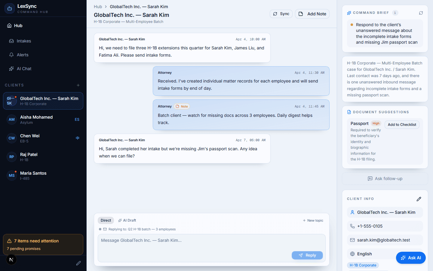 Client page with document checklist and follow-up reminders